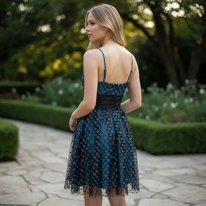 Dazzling Midnight Frock with Mesmerizing Mesh Magic