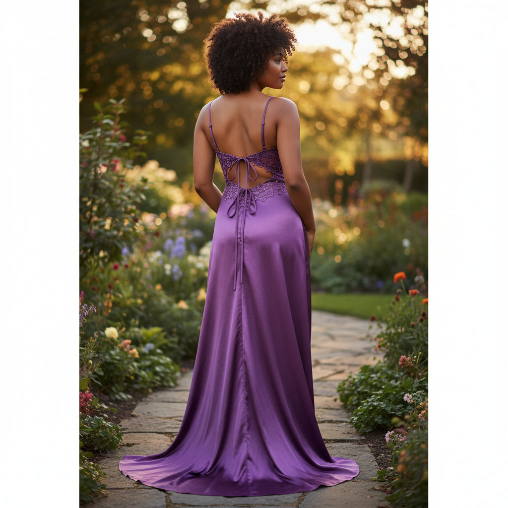 Elegant Purple Satin Maxi Dress with Lace Back for Special Occasions