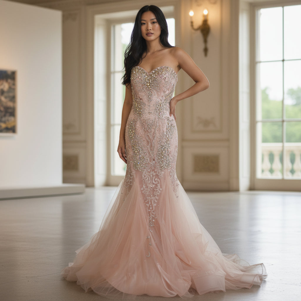 Dazzling Blush Beaded Tulle Gown for Unforgettable Nights