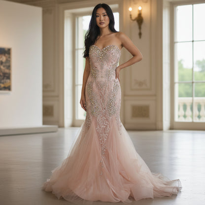 Dazzling Blush Beaded Tulle Gown for Unforgettable Nights