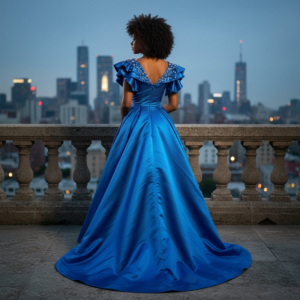Royal Dynamics: Sapphire Ball Gown with Dramatic Flair