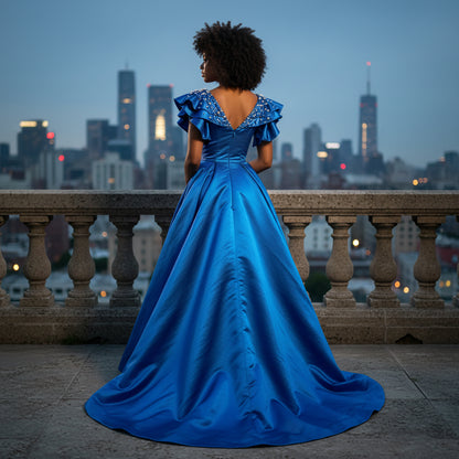 Royal Dynamics: Sapphire Ball Gown with Dramatic Flair