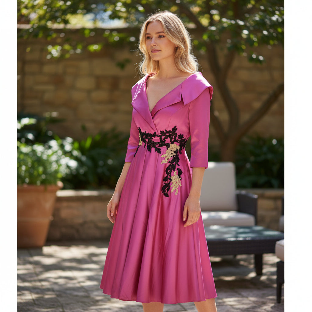 Chic Fuchsia Satin Midi Dress with Statement Collar