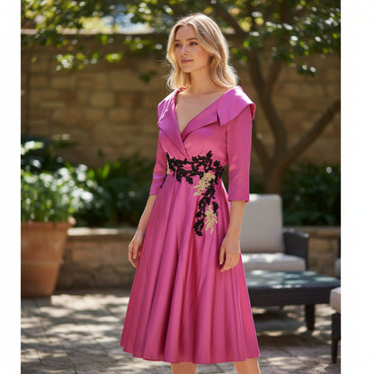 Chic Fuchsia Satin Midi Dress with Statement Collar