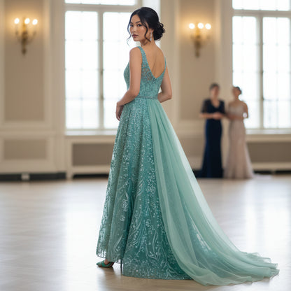 Dazzling Seafoam Lace Off-Shoulder Gala Gown
