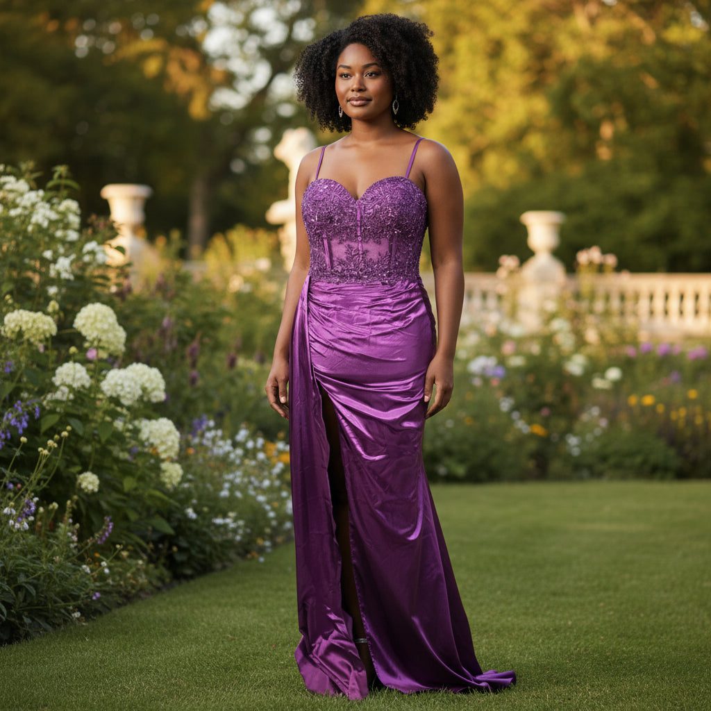 Elegant Purple Satin Maxi Dress with Lace Back for Special Occasions
