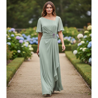 Elegant Mint Green Evening Dress with Flowing Sleeves & Embellishment