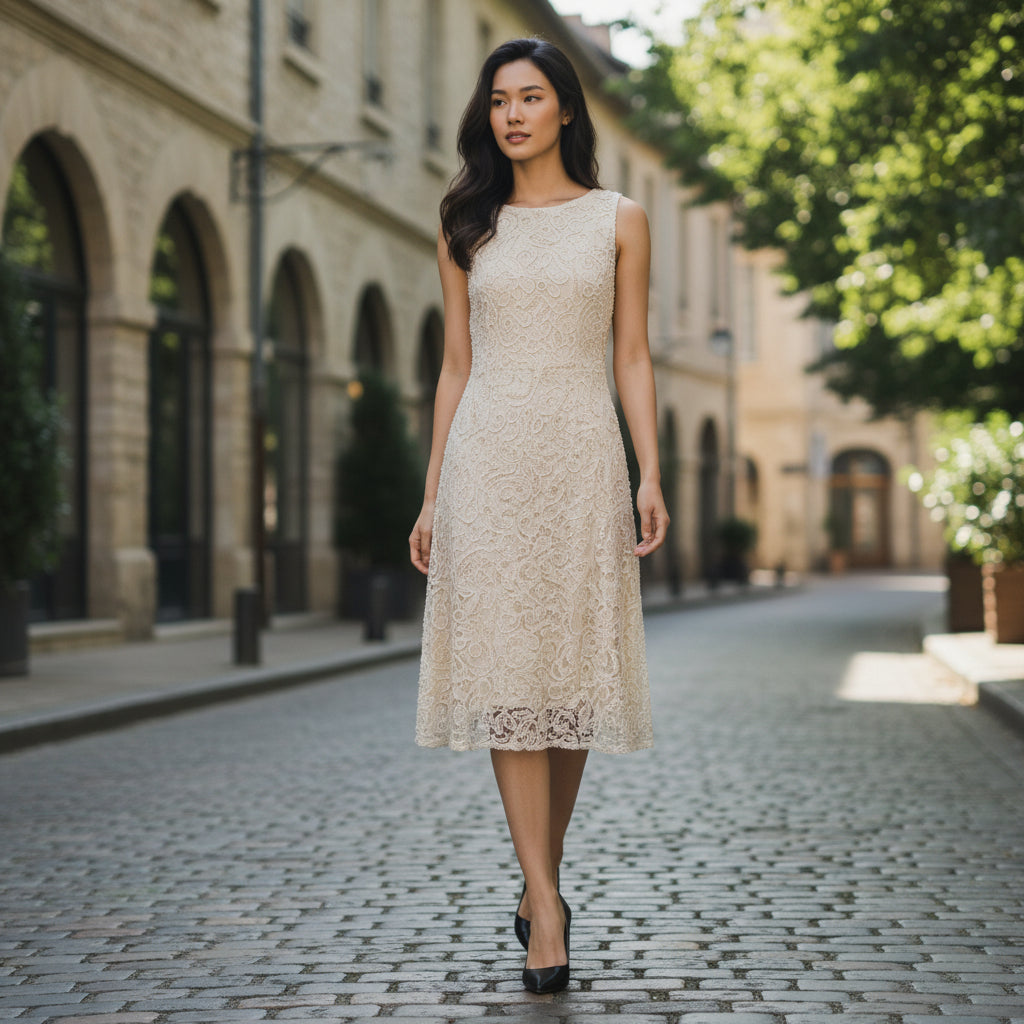 Bold Champagne Lace Dress with Mesmerizing Back Cutout