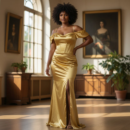 Gilded Glamour Off-Shoulder Evening Gown