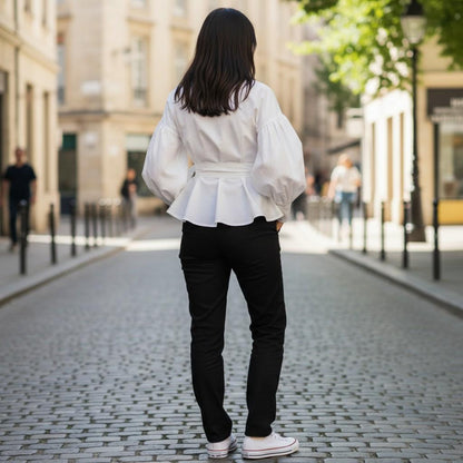 Wrap Peplum Blazer with Drama Sleeves and Waist Tie