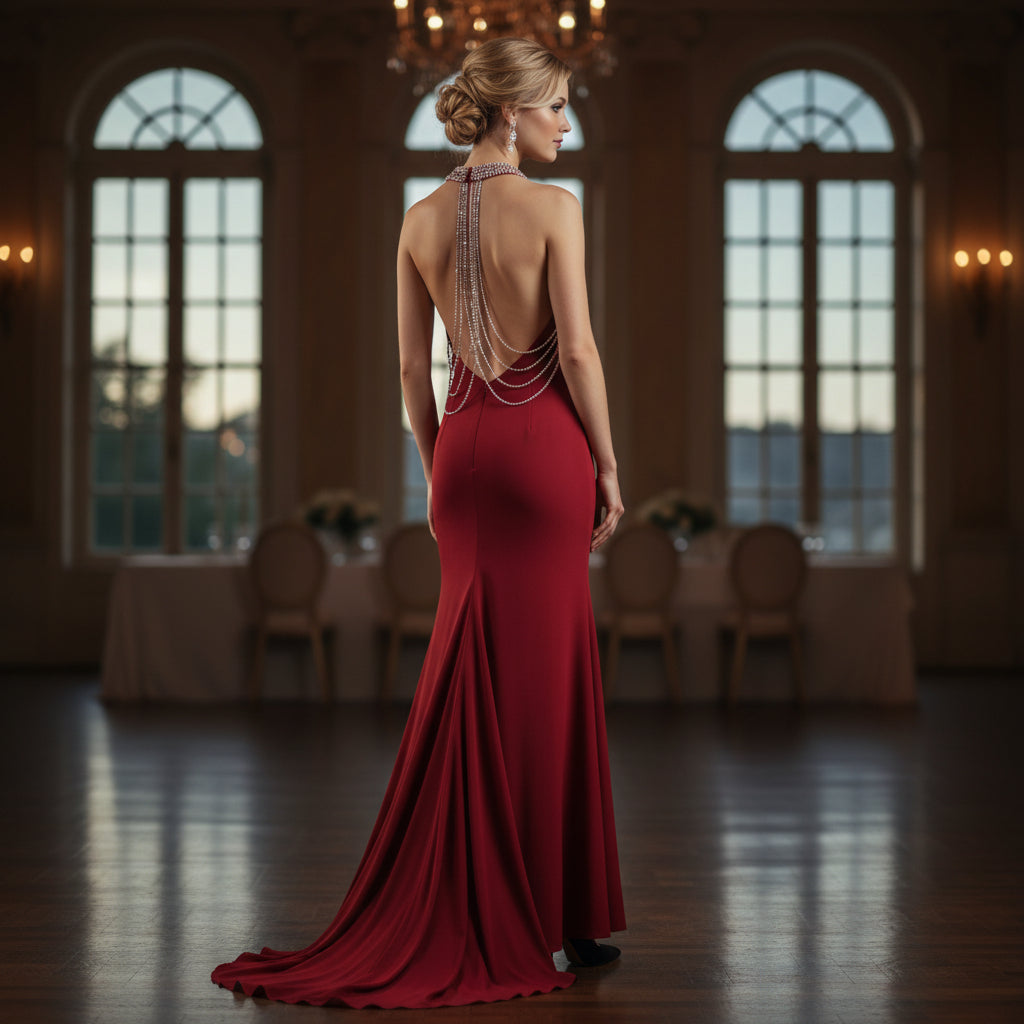 Show-Stopping Red Gown with Daring Neckline for Bold Nights