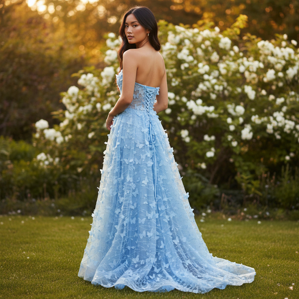 Elegant Blue Butterfly Lace Gown for Special Occasions
