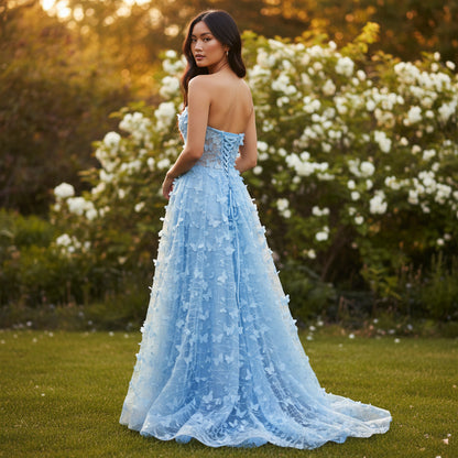 Elegant Blue Butterfly Lace Gown for Special Occasions