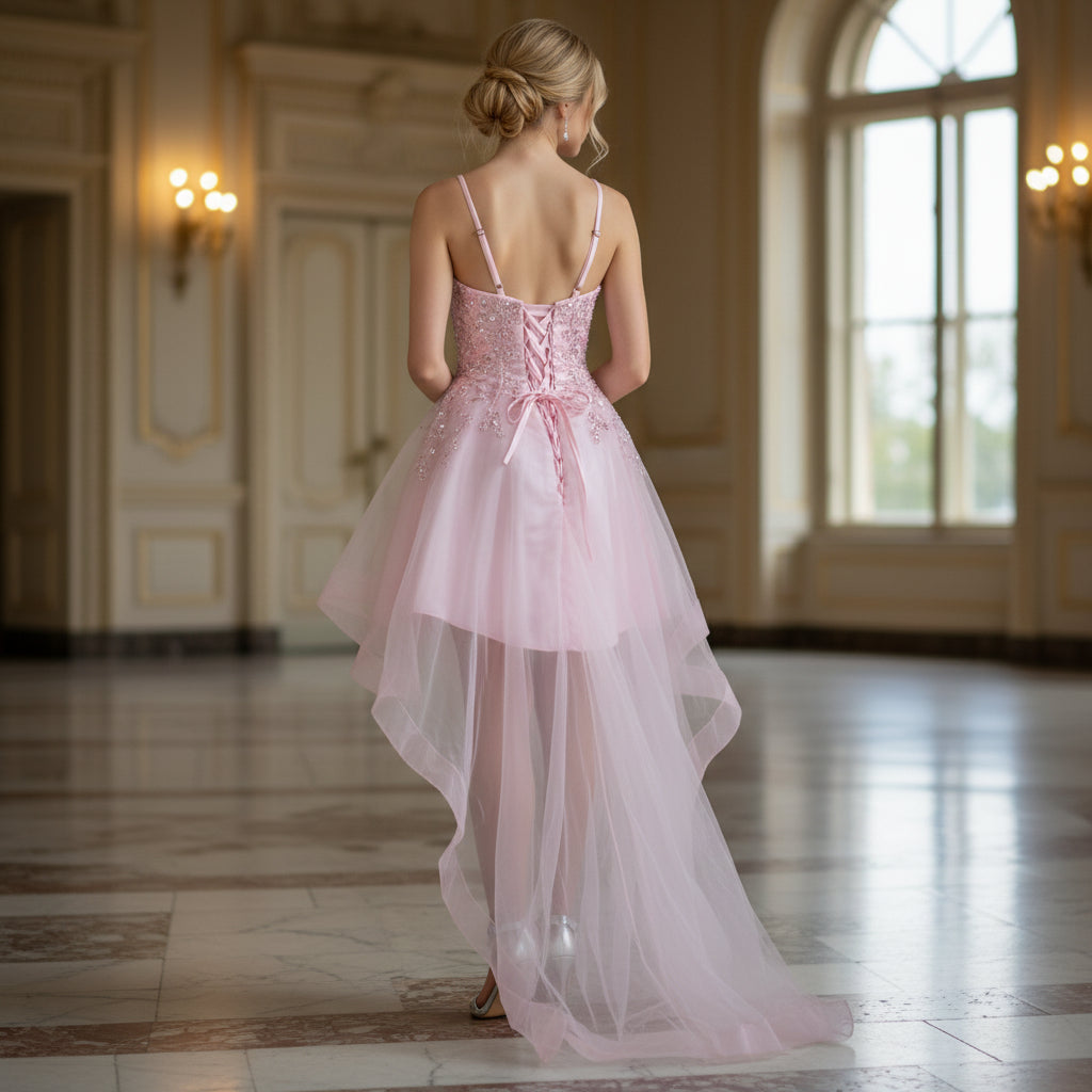 Dazzling Pink Glamour: High-Low Embroidered Evening Dress