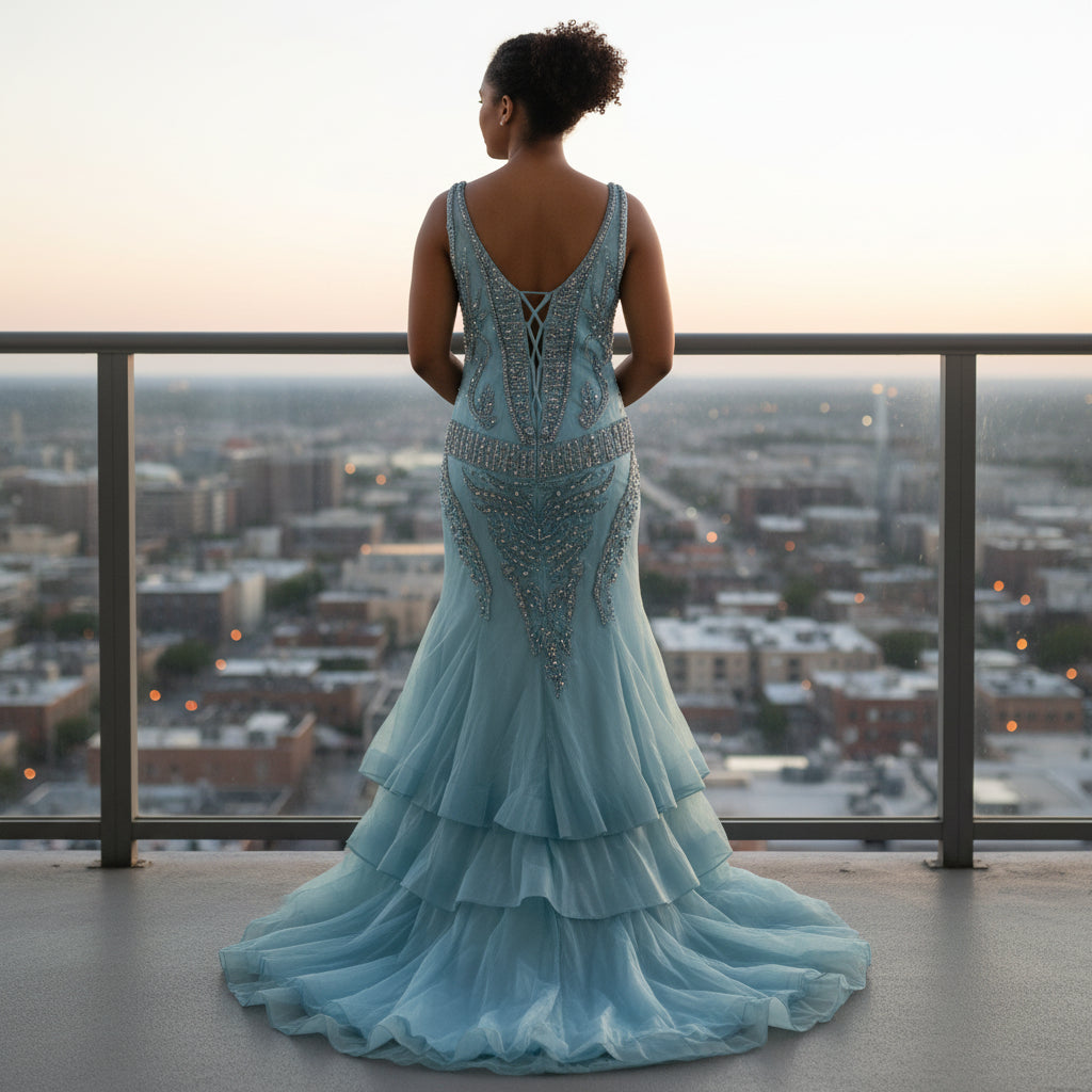 Show-Stopping Azure Embellished Backless Evening Gown