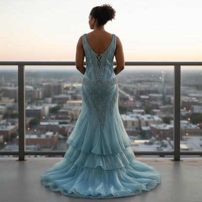 Show-Stopping Azure Embellished Backless Evening Gown