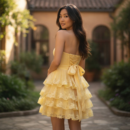 Yellow Ruffled Strapless Dress with Lace Trim for Summer Events
