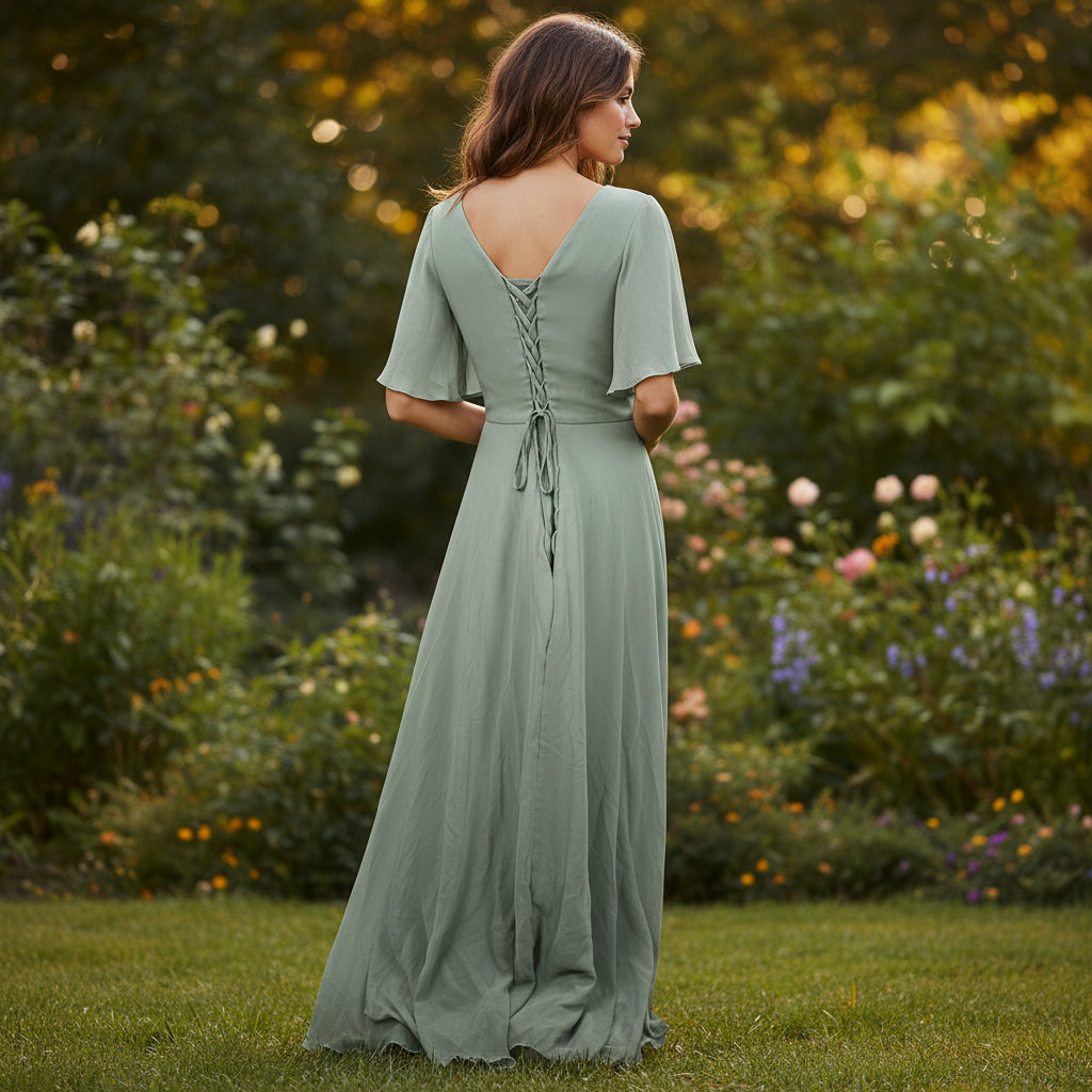 Elegant Mint Green Evening Dress with Flowing Sleeves & Embellishment