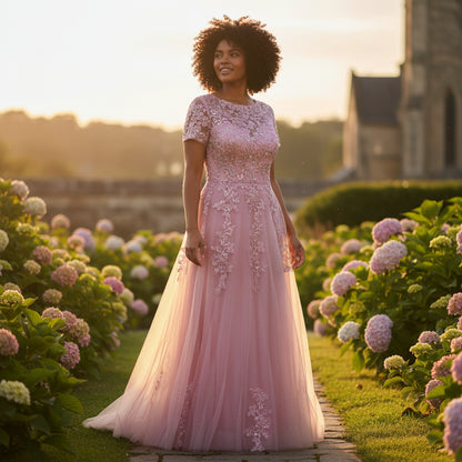 Elegant Blush Pink Tulle Evening Gown with Embroidery