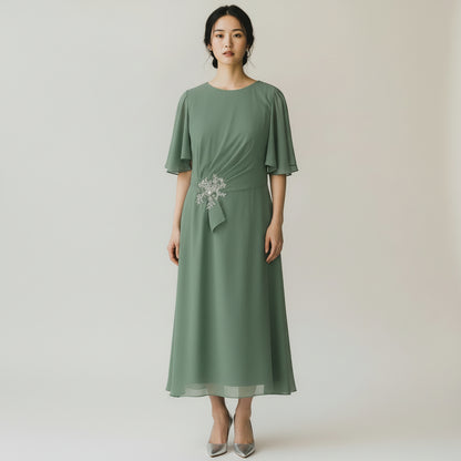 Enchanted Sage Chiffon Dress with Dazzling Floral Accent