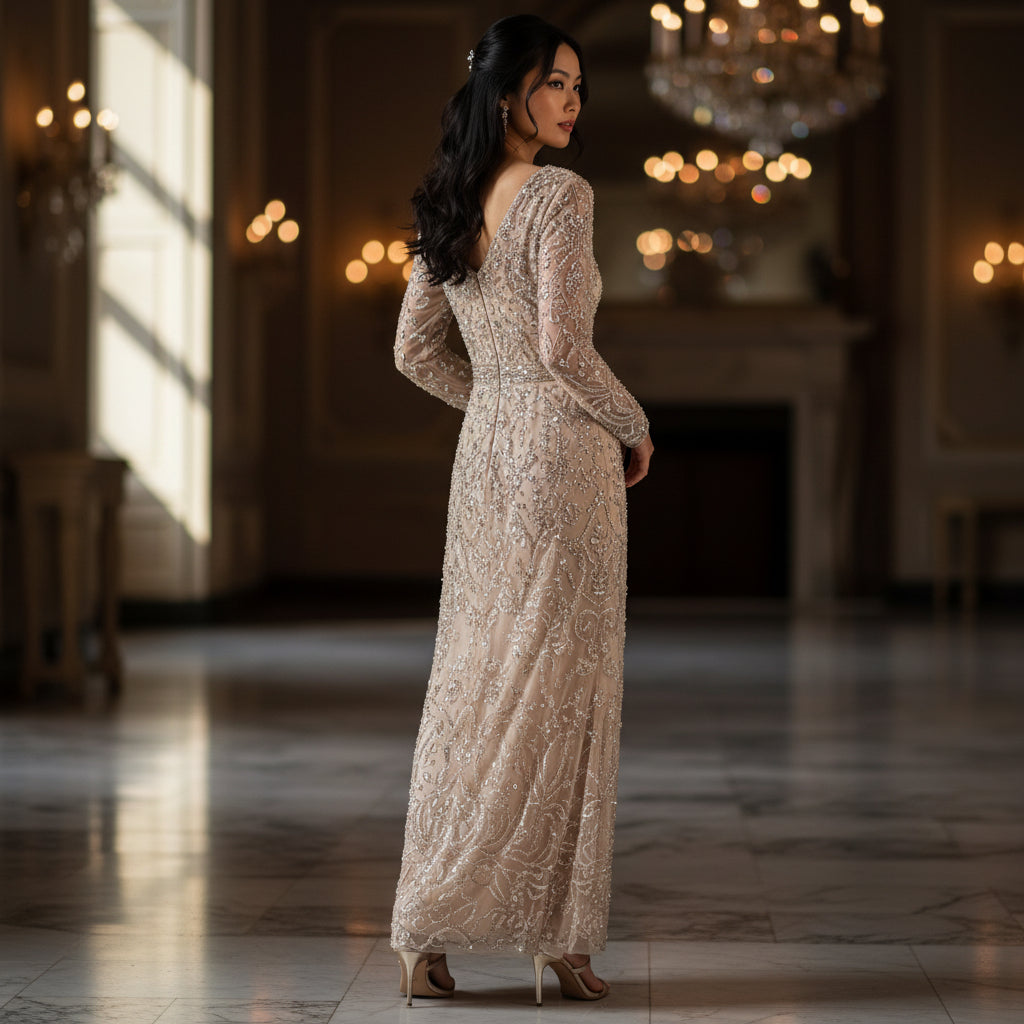 Dazzling Beaded Champagne Maxi Dress for Gala Nights