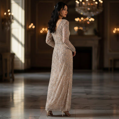 Dazzling Beaded Champagne Maxi Dress for Gala Nights