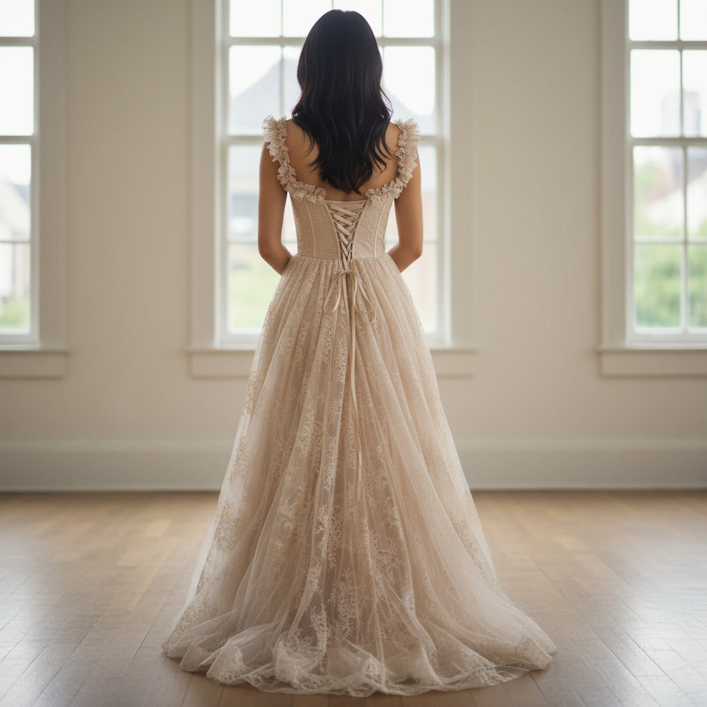 Elegant Lace Maxi Dress with Ruffled Sleeves – Perfect for Weddings