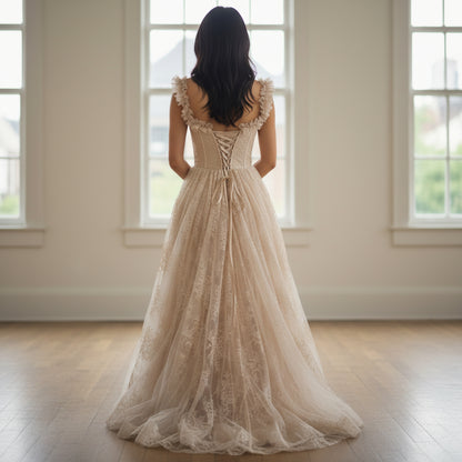 Elegant Lace Maxi Dress with Ruffled Sleeves – Perfect for Weddings