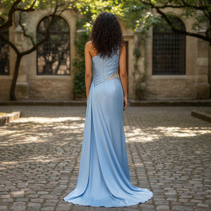Dazzling Sky Blue Glam Satin Gown for Red Carpet Moments