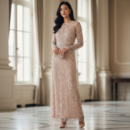 Dazzling Beaded Champagne Maxi Dress for Gala Nights
