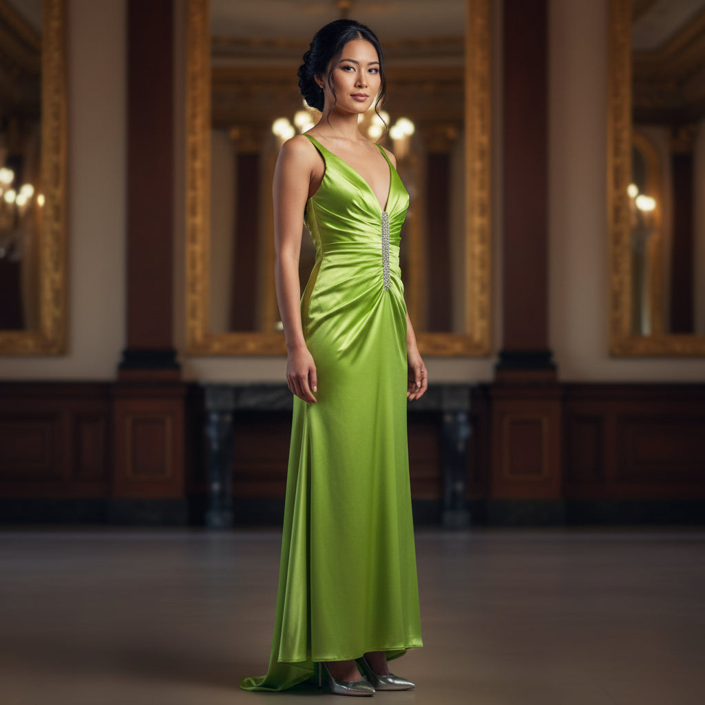 Antonio Castelle Dazzling Lime Satin Gown for Show-Stopper Moments