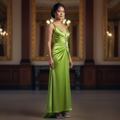 Antonio Castelle Dazzling Lime Satin Gown for Show-Stopper Moments