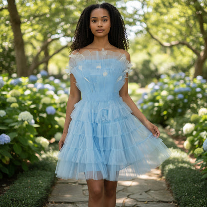 Show-Stopping Sky Blue Ruffled Tulle Party Dress