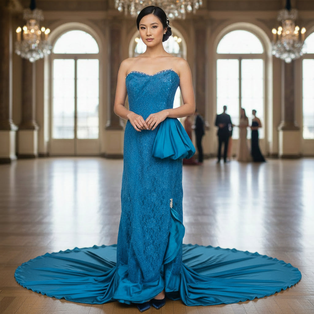 Dazzling Teal Lace Spectacle: Show-Stopping Gown for Galas