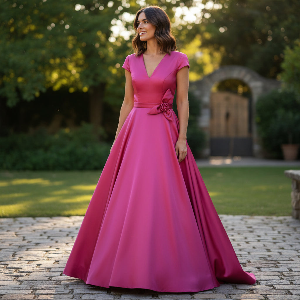 Elegant Pink Satin Evening Gown with Belted Waist