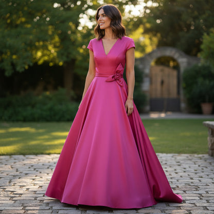 Elegant Pink Satin Evening Gown with Belted Waist