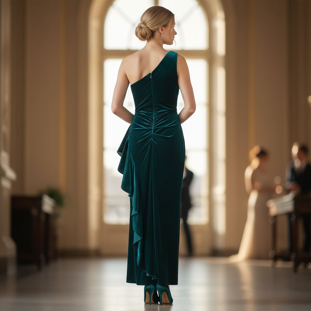 Emerald Velvet One-Shoulder Gown for Dramatic Entrances