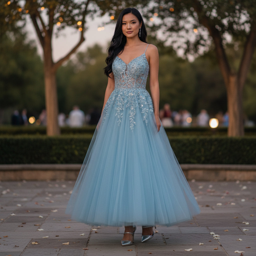 Mesmerizing Sky Blue Tulle Gown with Dazzling Embroidery