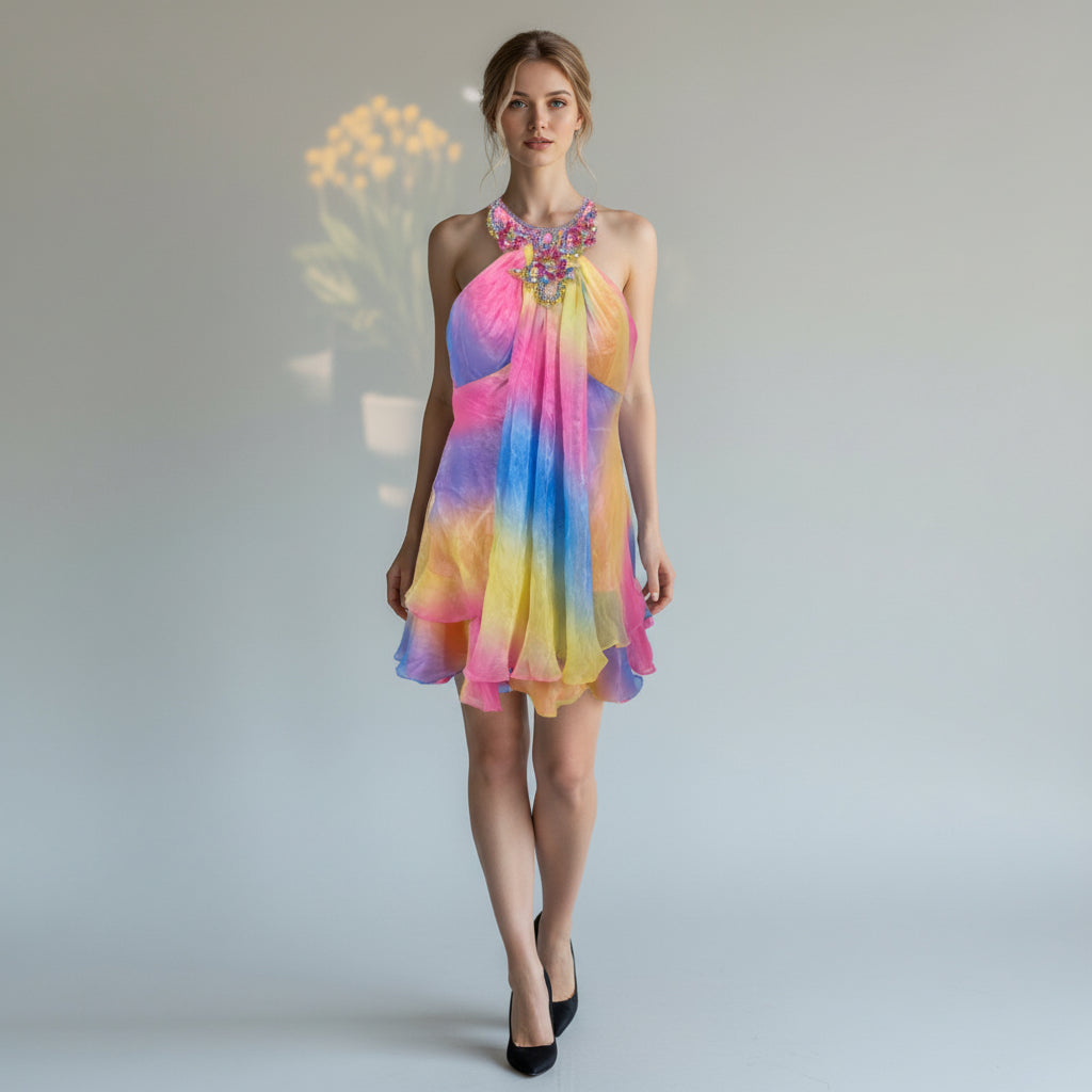 Vibrant Multi-Color Chiffon Dress: A Kaleidoscope of Bold Style