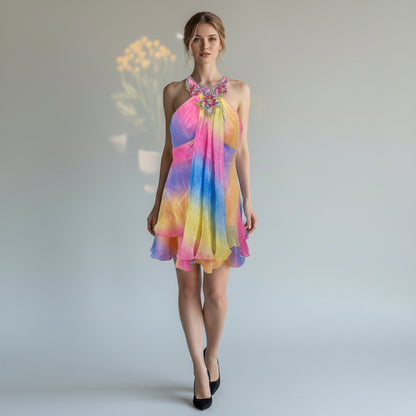 Vibrant Multi-Color Chiffon Dress: A Kaleidoscope of Bold Style