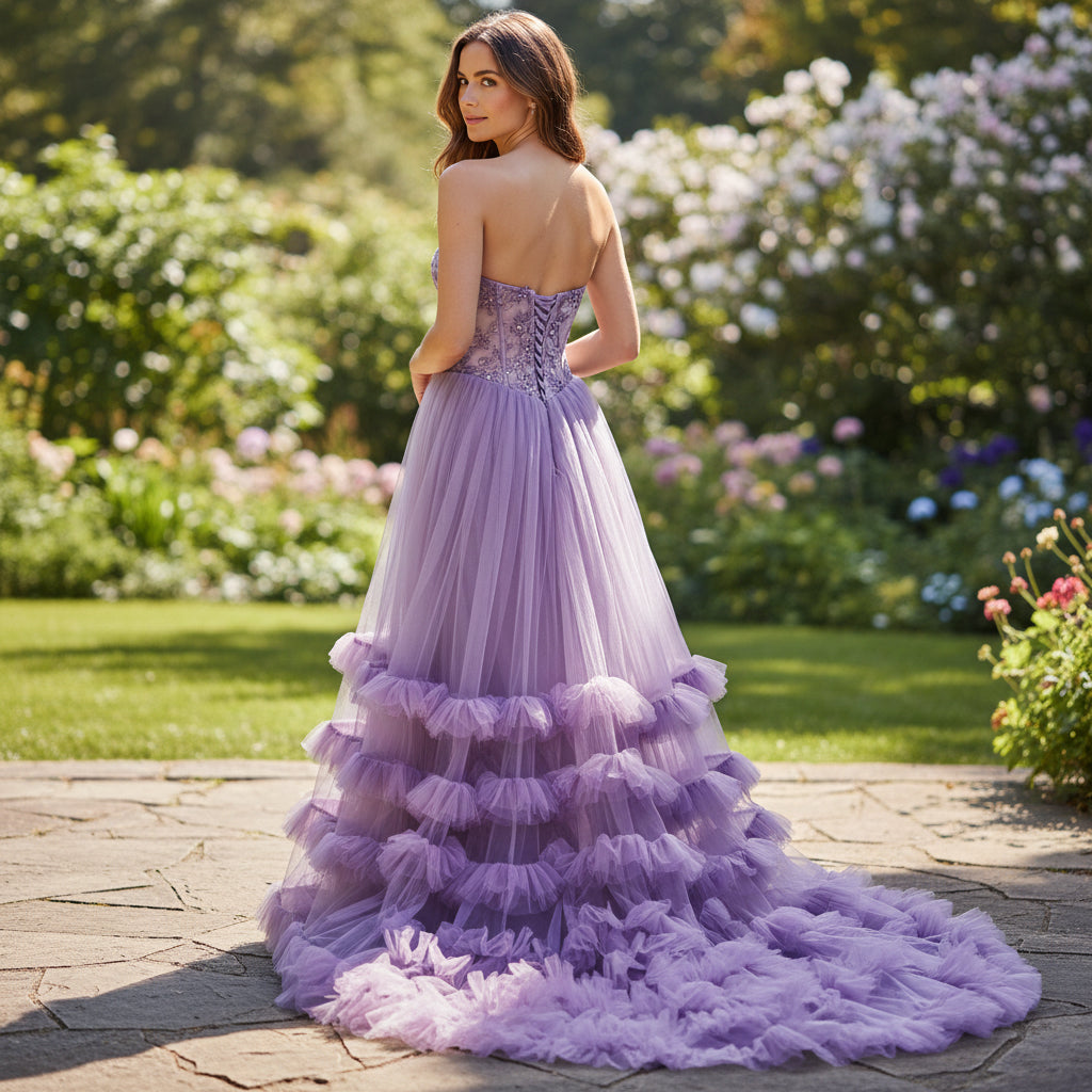 Elegant Lavender Strapless Tulle Evening Gown for Formal Events