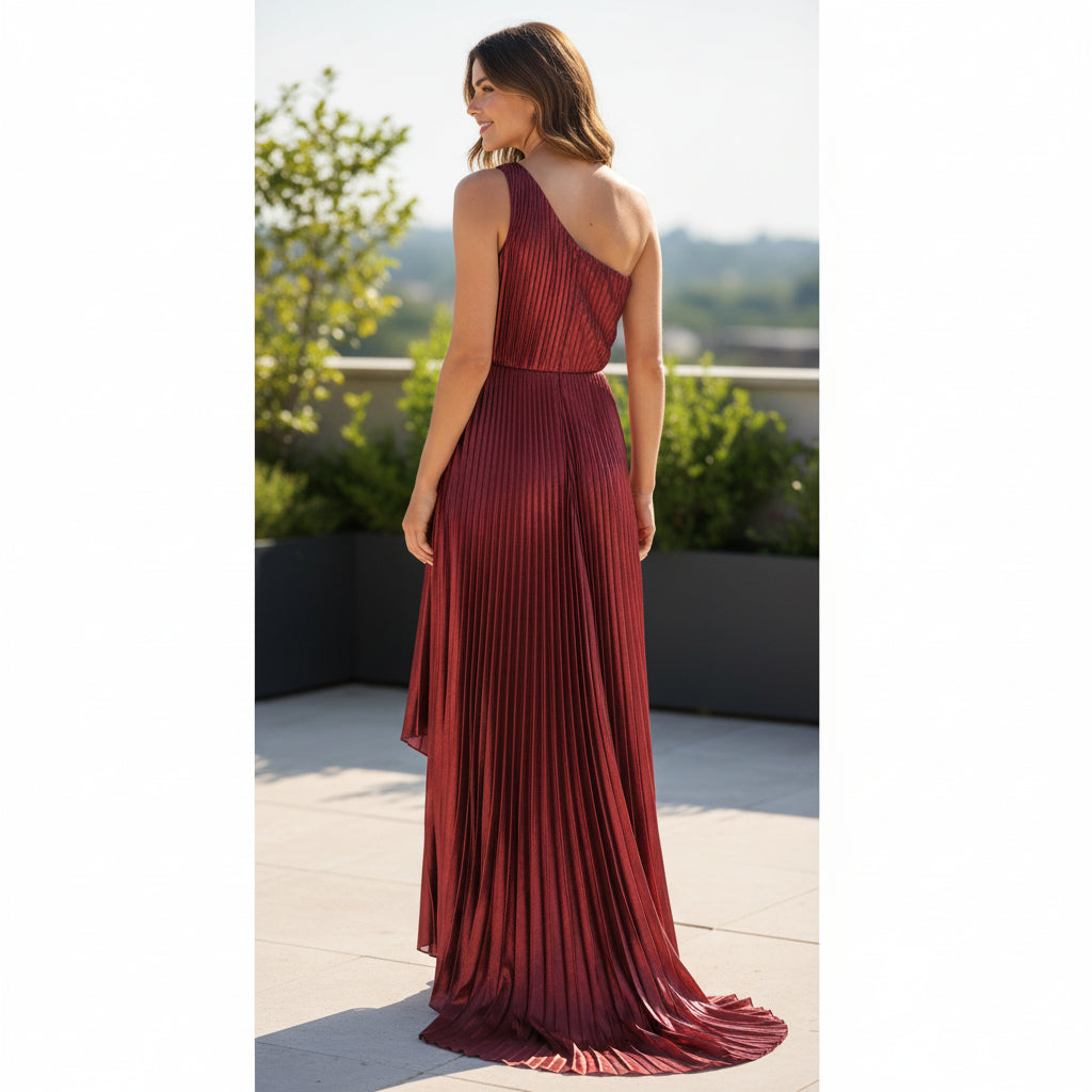 Elegant Burgundy Pleated Maxi Dress for Formal Occasions