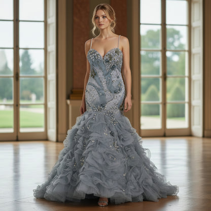 Dramatic Azure Mermaid Gown with Enchanting Ruffles