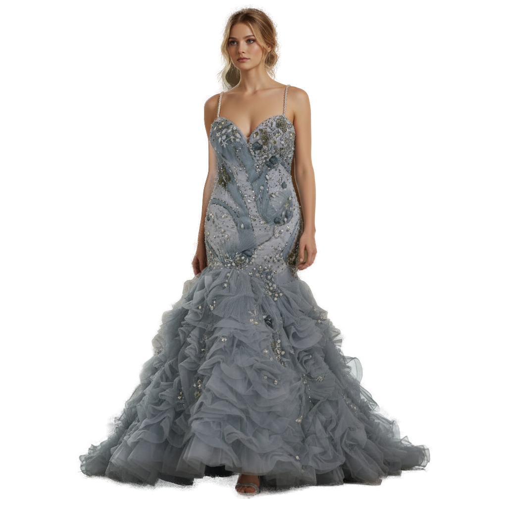 Dramatic Azure Mermaid Gown with Enchanting Ruffles