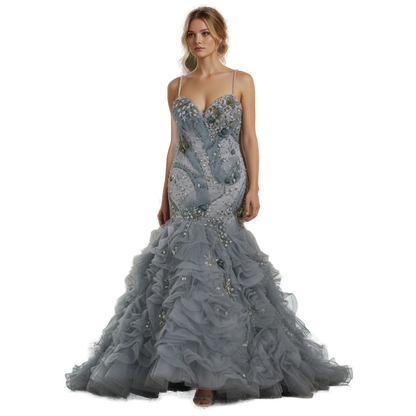 Dramatic Azure Mermaid Gown with Enchanting Ruffles