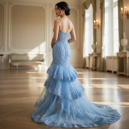 Dazzling Ice Blue Tiered Tulle Gown for Unforgettable Nights