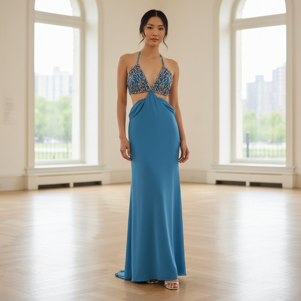 Show-Stopper Blue Backless Maxi: Sky-Worthy Satin Glam