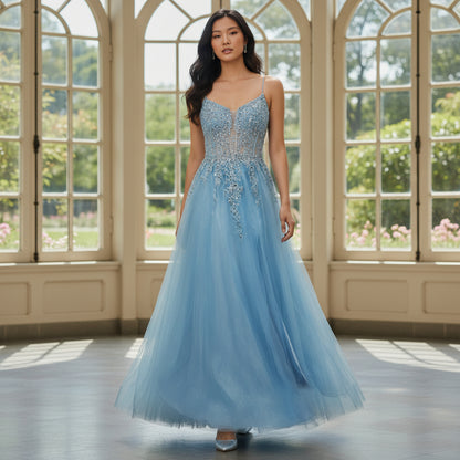 Mesmerizing Sky Blue Tulle Gown with Dazzling Embroidery