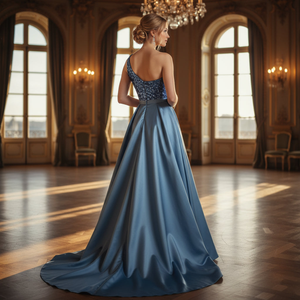 Dazzling Blue One-Shoulder Sequin Gown for Show-Stopping Nights