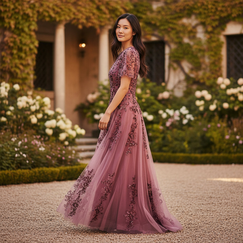 Elegant Floral Embroidered Evening Gown in Blush Pink for Special Occasions